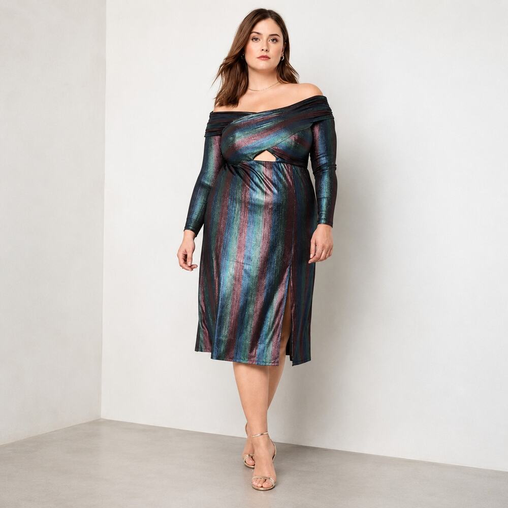 ELOQUII Iridescent Metallic Off Shoulder Cutout Midi Dress Size 20 NWT